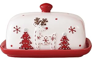BestAlice Ceramic Butter Dish, Reindeer and Tree Printed Butter Tray with Cover, Christmas Covered Butter Keeper, Christmas G