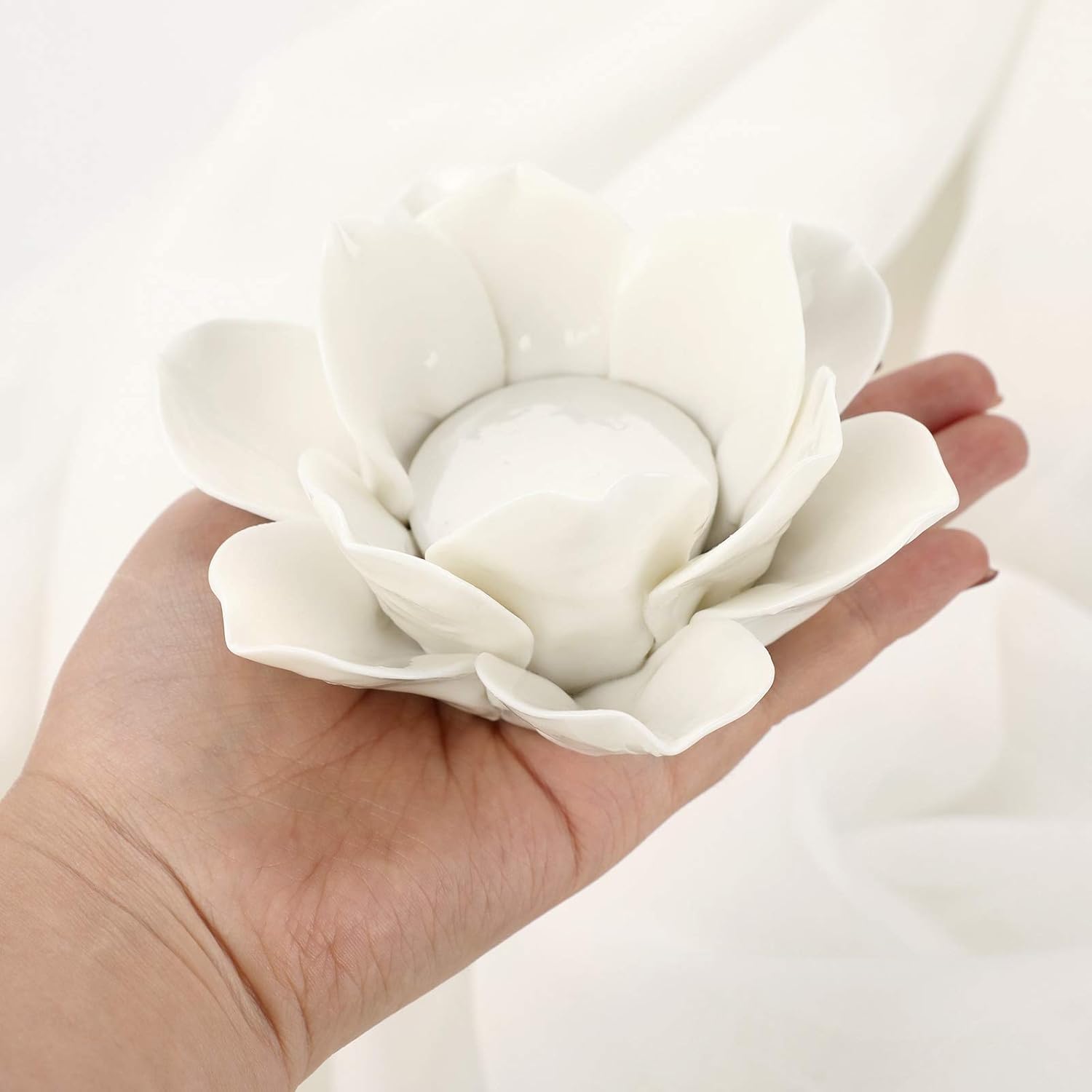 OwnMy 4.5 Inch Ceramic Lotus Flower Tea light Holder Lotus Petals Candle Holder Candlestick, Votive Flower Tealight Candle Holder Candle Lamps Holder with Gift Box for Home Decor Wedding Party (White): Kitchen & Dining