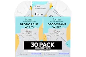 FOMIN Travel Deodorant Wipes - 30 Count - Coconut and Vanilla pH Balanced, Hypoallergenic Mini Deodorant Wipes For Women and Men - Plastic-Free, Individually Wrapped Underarm & Body Wipes