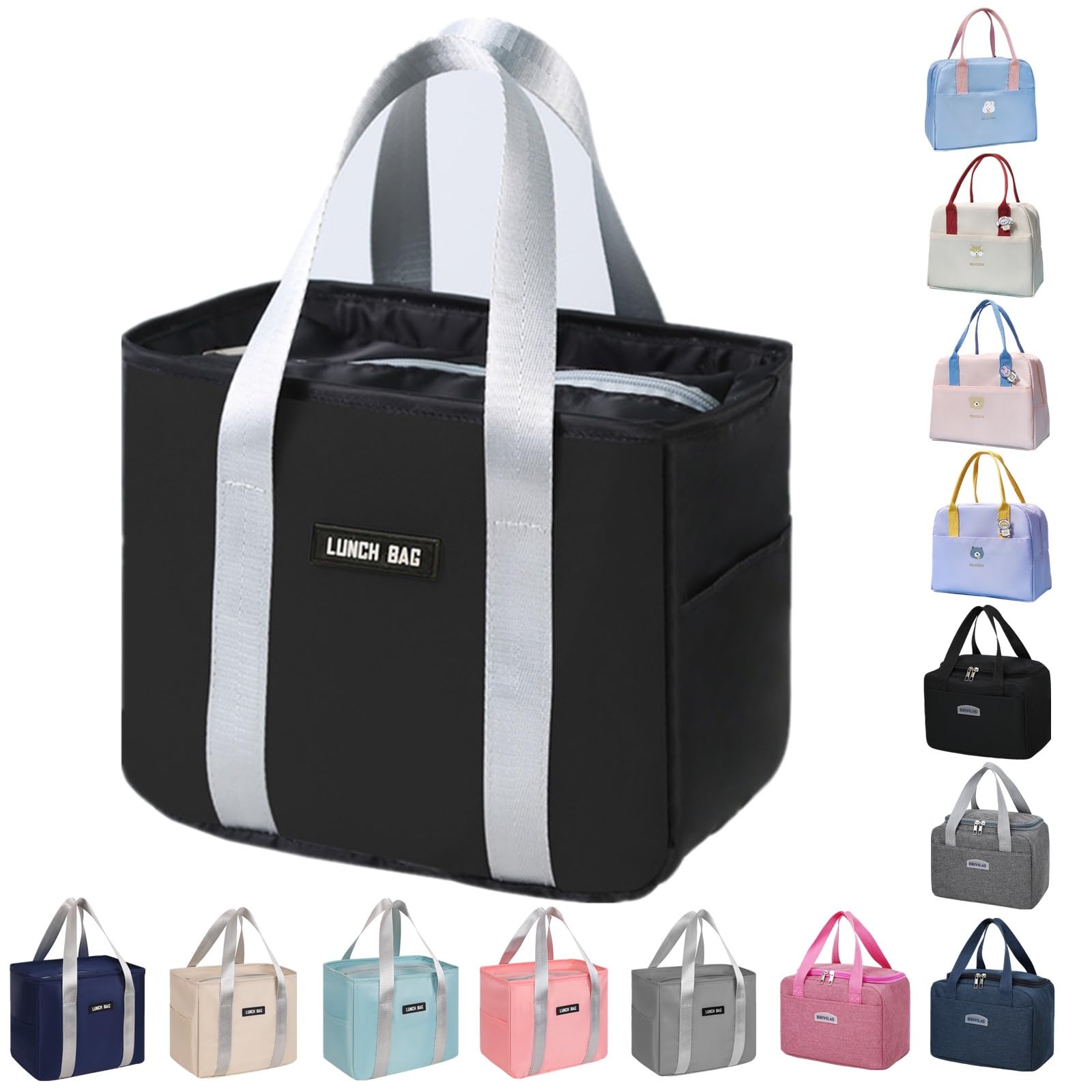 WUWYOUWL Lunch Bag, Cute Carton Insulated Lunch Box, Reusable Lunch Cooler Bags Waterproof Lunchbag Foldable Lunch Bag for Women, Men, Kids and Students Travel Picnic School (Black-1)