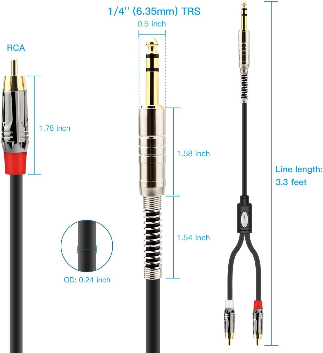 JOLGOO 1/4" TRS to Dual RCA Insert Cable, Male 6.35mm 1/4" TRS to 2RCA Y Splitter Patch Microphone Cable, 3.3 Feet: Industrial & Scientific