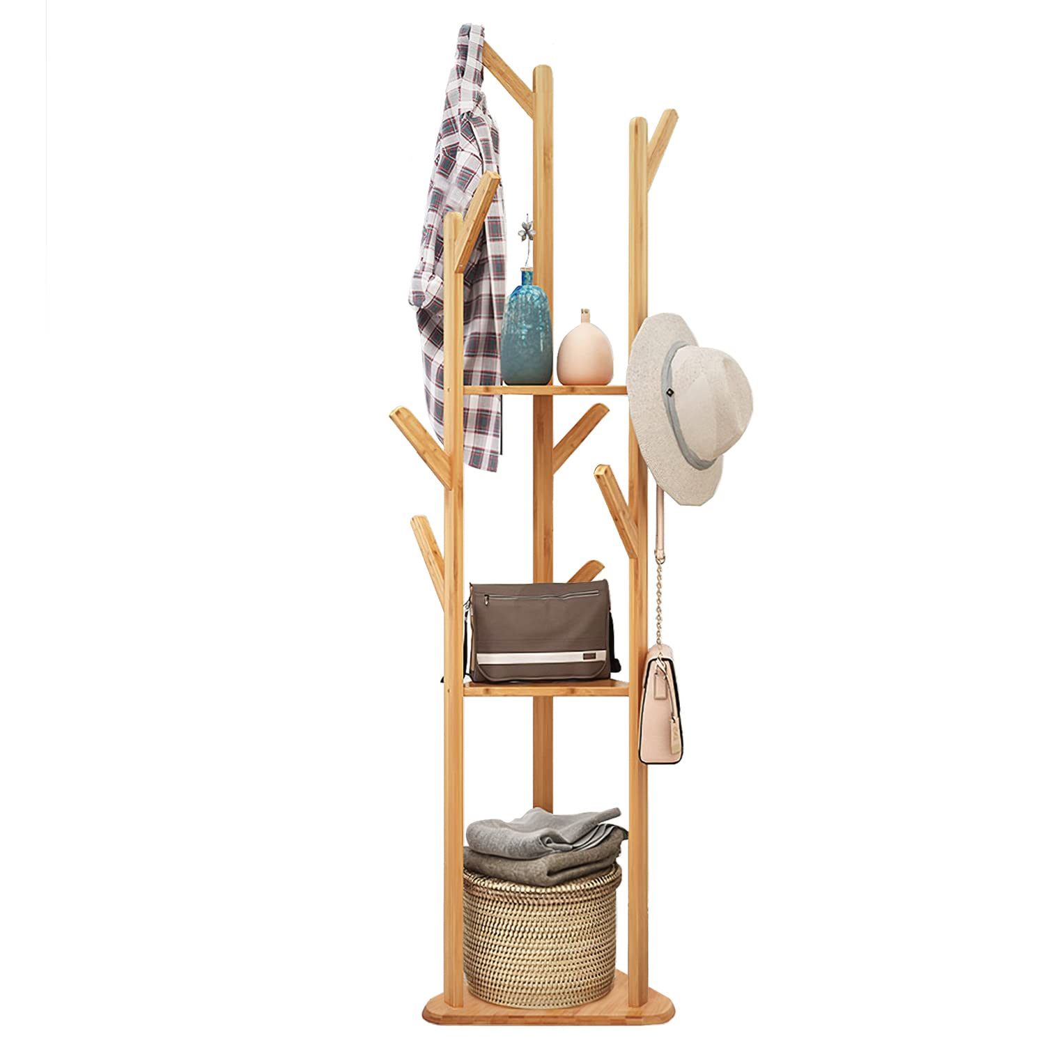 unho Bamboo Coat Stand Rack: Corner Clothes Hanger with Shelf Wooden Coat Tree with 10 Hanging Hooks for Hallway Bedroom Entryway