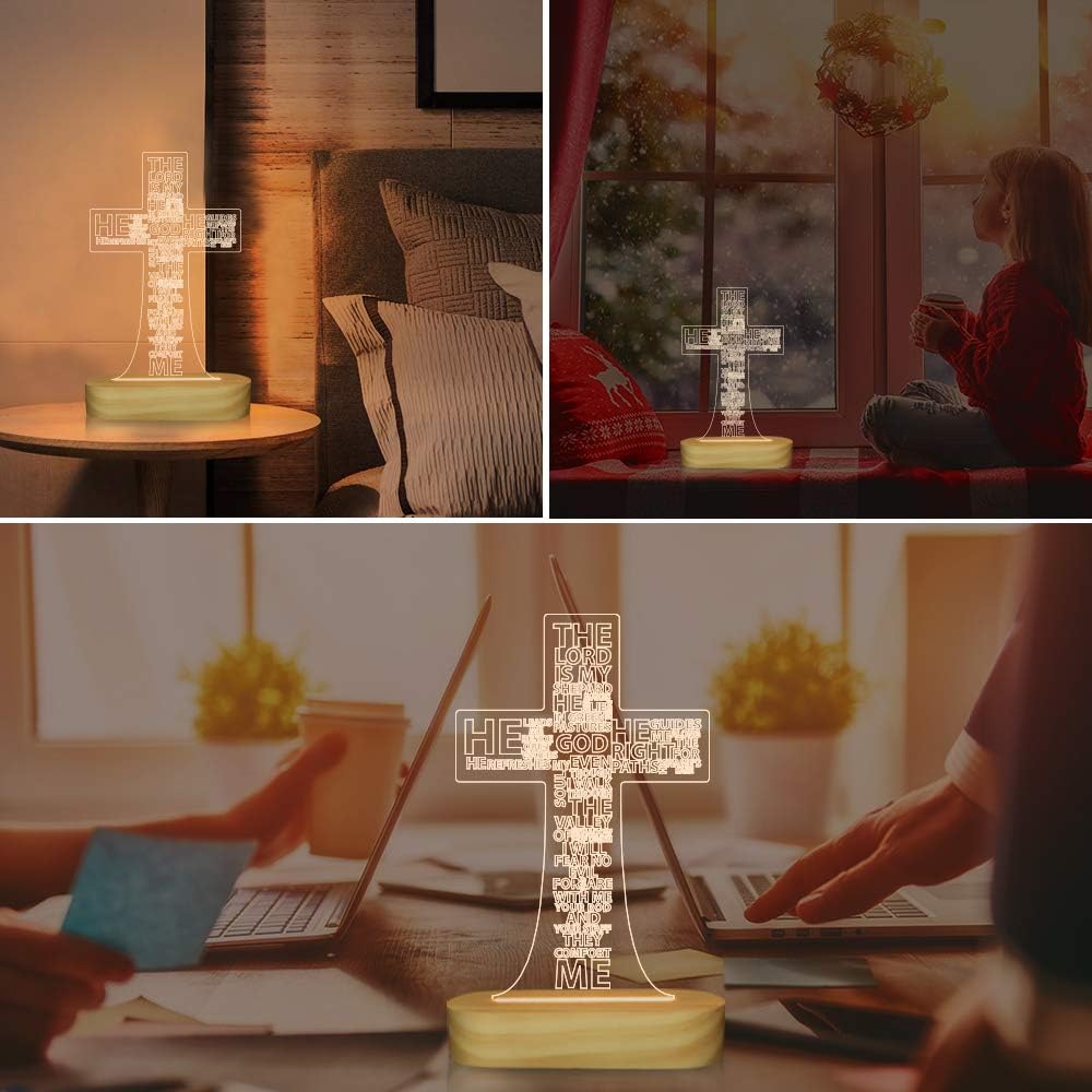 Jesus Cross 3D Night Light, Christ Optical Illusion Lights, Warm White Wooden Handmade - Image 3