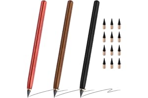 Kynetik Pack of 3 Infinity Pencil, Wood Eternal Pencil Forever Inkless Pen with 12 PCS Replaceable Nibs, Metal Pencils Erasab