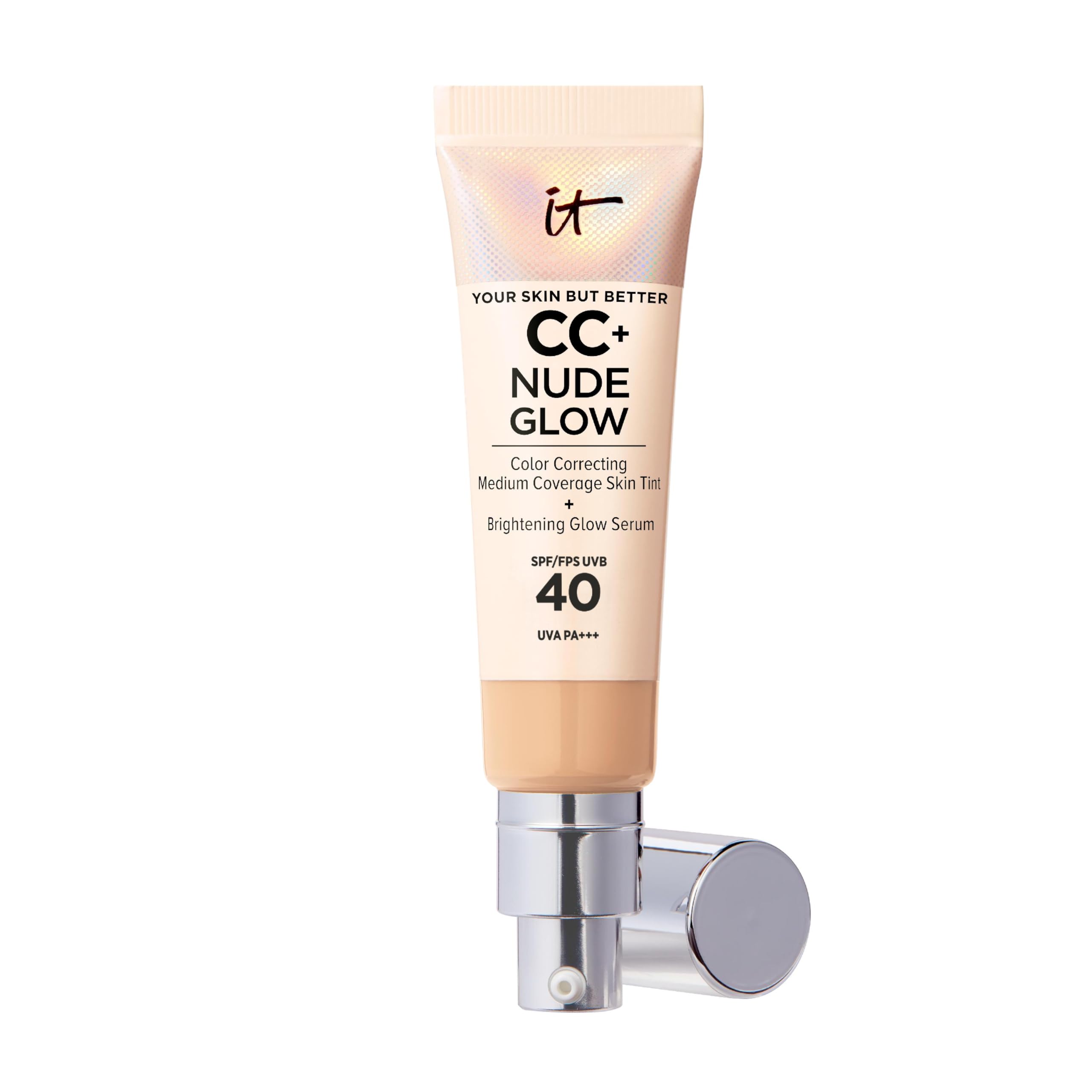 IT Cosmetics, CC+ Cream Nude Glow Foudation, Medium Coverage, Instantly Brighter & Hyrdrated Skin, Made with 2% Niacinamide & Hyaluronic Acid, Your Skin But Better, Shade: Medium, 32ml