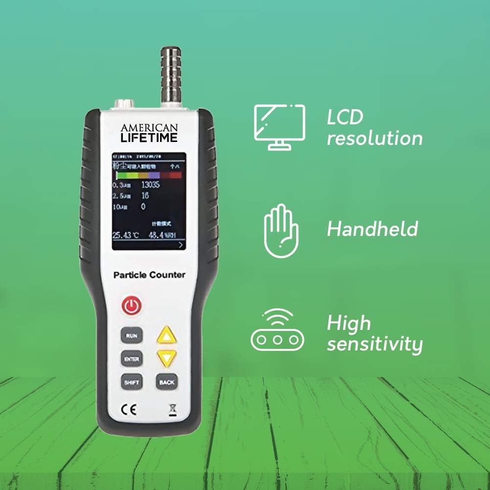 American Lifetime Air Quality Meter - Particle and Dust Detecting Counter with LCD Screen and 100±10%@0.5μm Counting - Battery Included + 1 Year Warranty