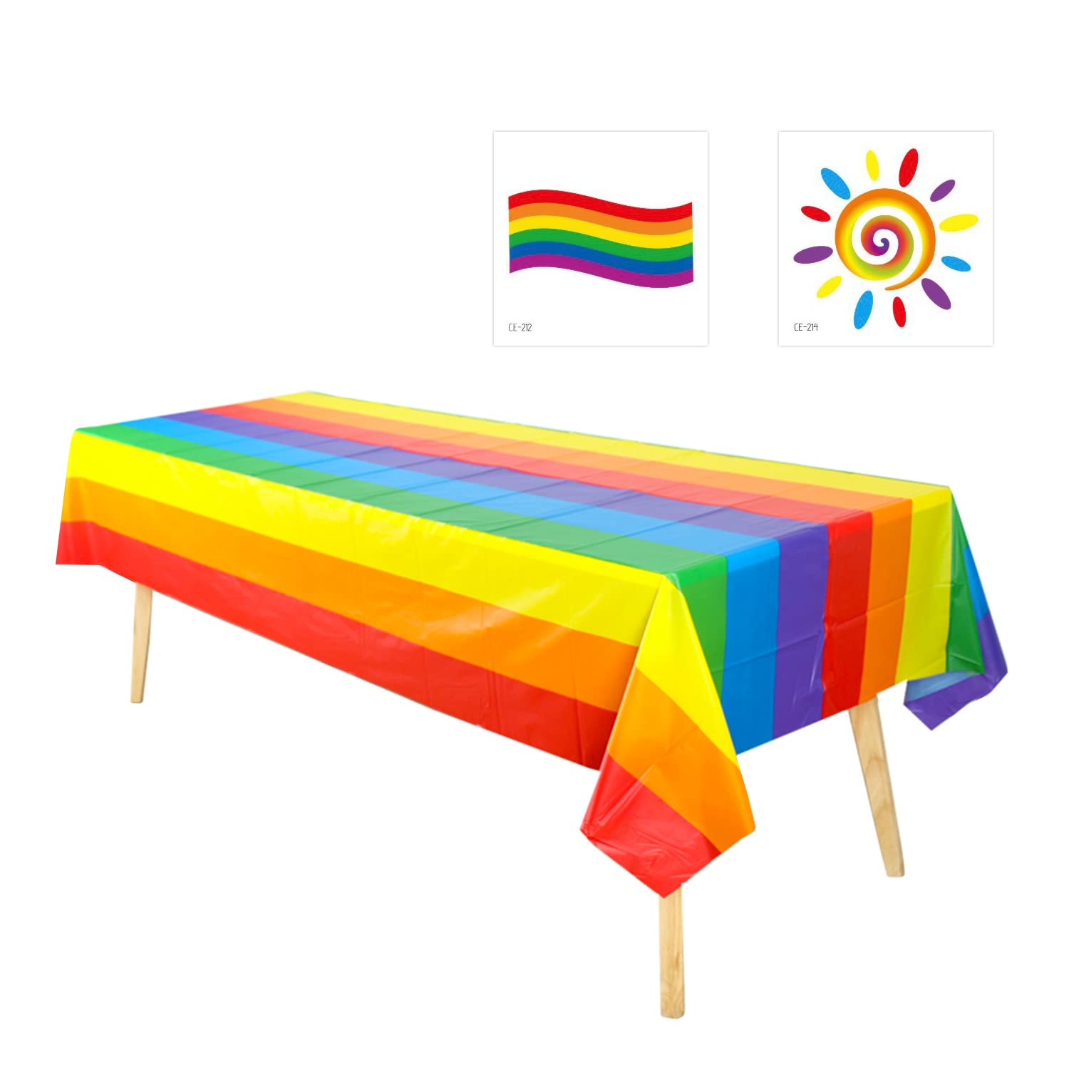TIANNAIT 1 Pc Rainbow Table Tablecloth, Rectangular Thickened Tablecover, Gay LGBT Pride Event Party Tablecloth for Pride Party with 2 Pcs Rainbow Temporary Tattoos.,Multicolor,137*274cm