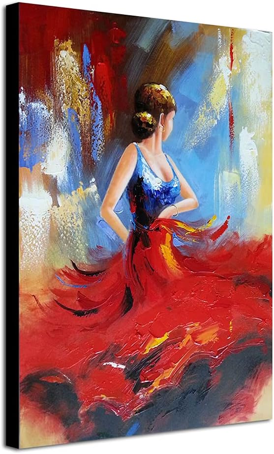 Paintings - Wieco Art Flying Skirt Abstract Dancing People Oil Paintings on Canvas Wall Art work for Living Room Bedroom Home Decorations Wall Decor Large Modern Stretched and Framed Red Girl Dancer Artwork 24x36