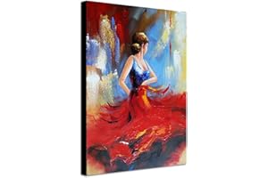 Wieco Art Flying Skirt Modern Stretched and Framed Artwork Abstract Dancing People Oil Paintings on Canvas Wall Art Home Deco