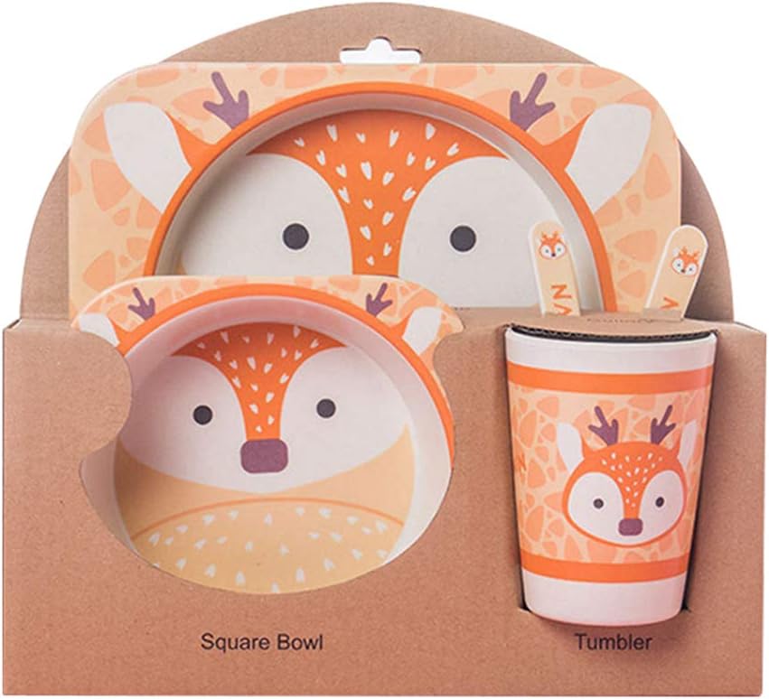 KEBY 5pcs/Sets Baby Toddler Feeding Tableware Set Dish Tableware Set Cartoon Fork Feeding Dishes for Kids Utensils Natural Bamboo Fiber Bowl with Cup Spoon Plate (Fawn)
