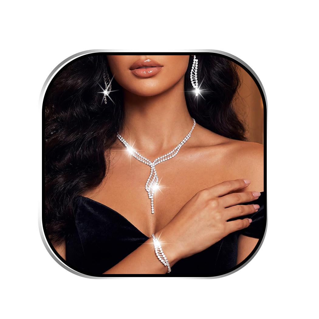 Ushiny Bridal Wedding Jewellery Set Silver Sparkly Rhinestone Necklace Bracelet Earrings Set Fit for Wedding Dress for Women and Girls