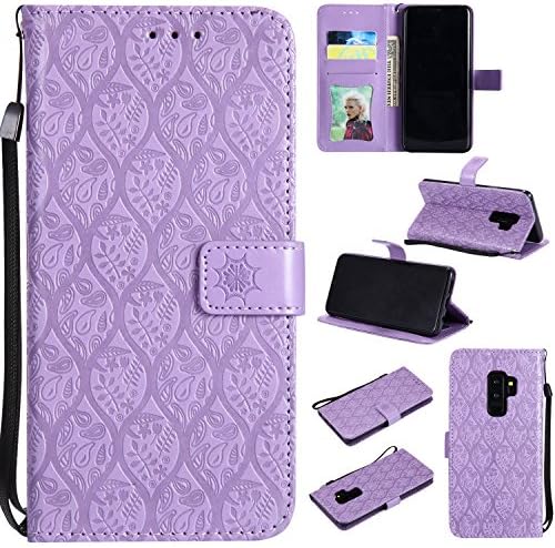 Cmeka Emboss Rattan Flower Wallet Case for Samsung Galaxy S9 Plus,3D Relief Flip Leather Protective Case,Magnetic Closure,Card Slots,Kickstand Function (Purple)