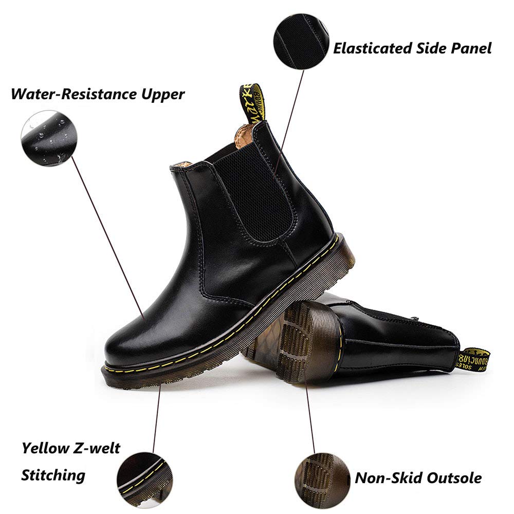 MARITONY Chelsea Boots for Women, Dress Fashion Winter Fur Lined Work Combat Waterproof Leather Ankle Chukka Booties for Men, Black 39