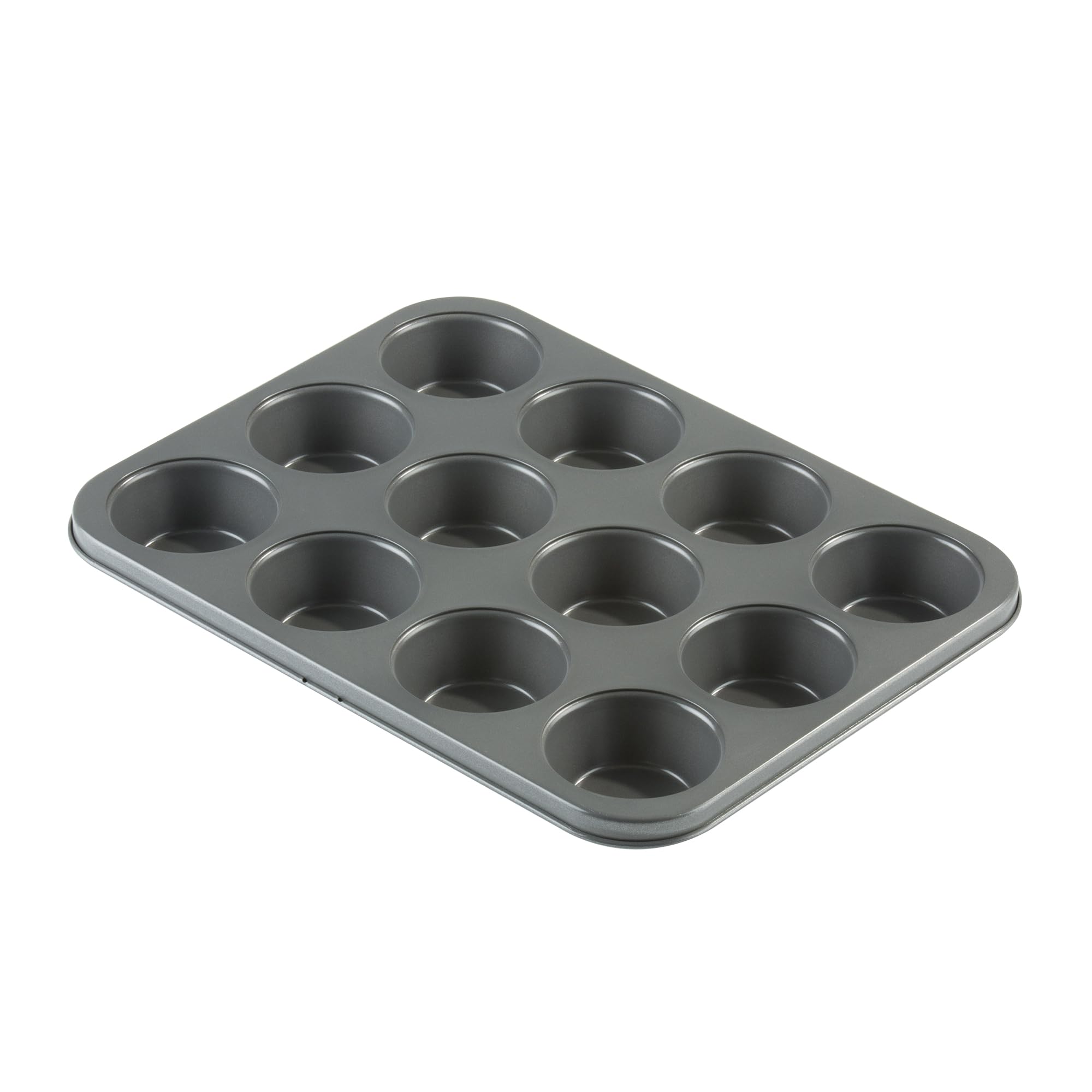 Prochef KB1003 Teflon Non-Stick Premium Coated 12 Cup Tray/Tin-Length 35cm x Width 27cm Carbon Steel for Muffins or Cupcakes-Silver, Black, 35 x 27 x 3cm — image 1