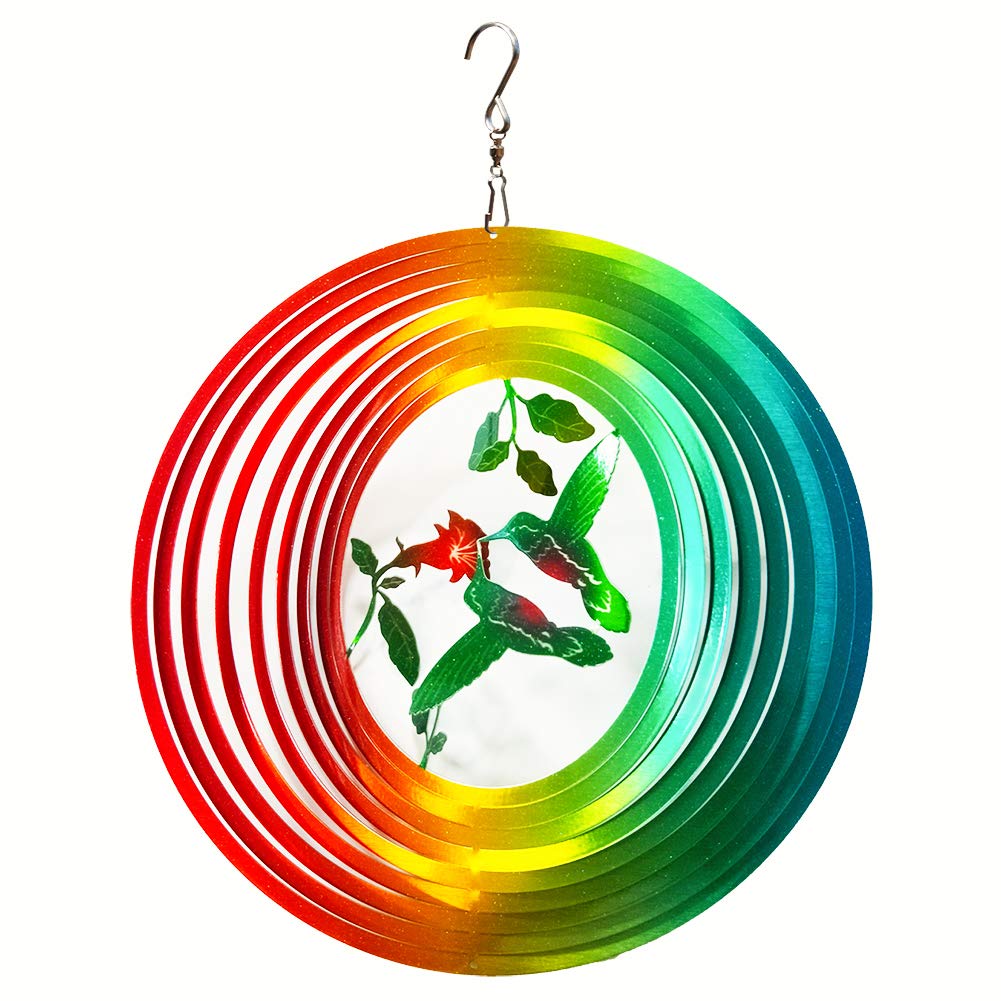 FONMY Wind Spinner Outdoor Metal 3D Hanging Garden Decoration for Indoor Outdoor Rainbow Color Hummingbird Metal Wind Spinners-12inch