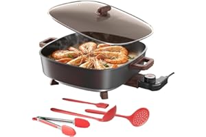 AORAN 12"x12" Electric Skillet 1500W with 5-Piece Kitchen Tools - 6.5QT Nonstick Griddle, Dishwasher Safe, Rapid Heating, Ven