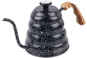 IKAPE Espresso Pour Over Coffee Kettle, Gooseneck Tea Kettle, 40 oz with Thermometer, Premium Stainless Steel Kettle Body & Ergonomic Wood Handle(Starry Black)