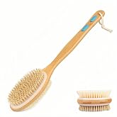 Back Scrubber for Shower, Bath Brush with Long Handle, Double-Sided Bamboo Body Brush for Wet or Dry Brushing, Exfoliating Bath Brush with Firm &amp; Soft Bristles for Men &amp; Women, 17.3 Inch