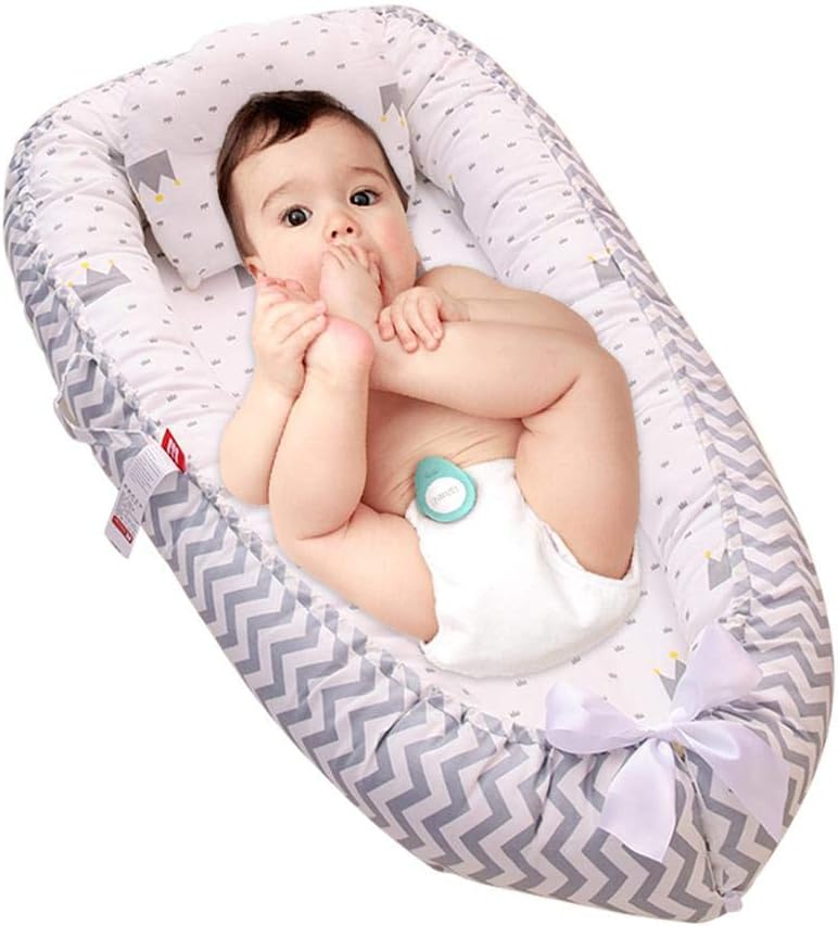VOLBABY Newborn Lounger, Portable Soft Breathable Baby Lounger Bed with Pillow, Removable Cover Baby Bionic Bed for Infants Toddlers - 100% Cotton Crib Mattress for Bedroom Travel