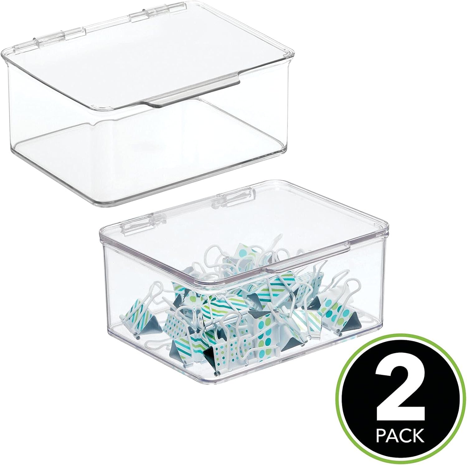 mDesign Small Mini Plastic Stackable Home, Office Supplies Storage Organizer Box with Attached Hinged Lid - Holder Bin for Note Pads, Gel Pens, Staples, Dry Erase Markers, Tape - 2 Pack - Clear : Office Products