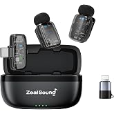ZealSound Mini Wireless Lavalier Microphone for iPhone, iPad &amp; Android | Dual Channel, Noise Reduction, Mute &amp; Volume Control, 33H Battery Case, USB-C &amp; Lightning for YouTube Vlogs &amp; Videos, Black