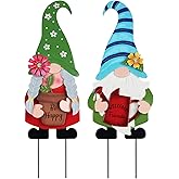 YEAHOME Garden Decor for Outside, Set of 2 Metal Gnomes 27.6” Decorative Garden Stakes with Flowers for Spring Decor, Yard Art Stakes for Outdoor Lawn Backyard Porch Garden Decorations