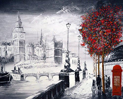 A Brilliant City of London Canvas Print, Popular London Embankment Street Scene, Canvas Giclee Art Print, Hot London Design, Romantic London City Walkway Allong the Thames with View of the Big-ben, Iconic London Printed Artwork, London Theme Black White Red Art Print. Beautiful Red Tree and Phone Box.