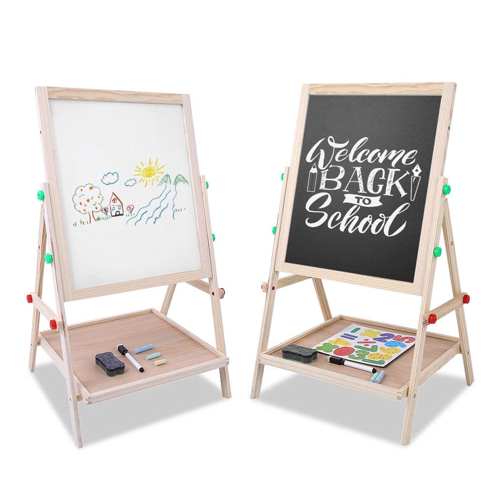Ejoyous Wooden Art Easel for Kids, 2 in 1 Double Sided Writing Board Height Adjustable Whiteboard & Blackboard Drawing Board Easel for Children