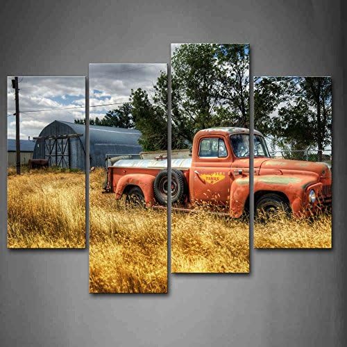 Old Truck in Red Trees and Dry grasses in Field car Wall Art Painting Pictures Print On canvas The Picture for Home Modern Decoration