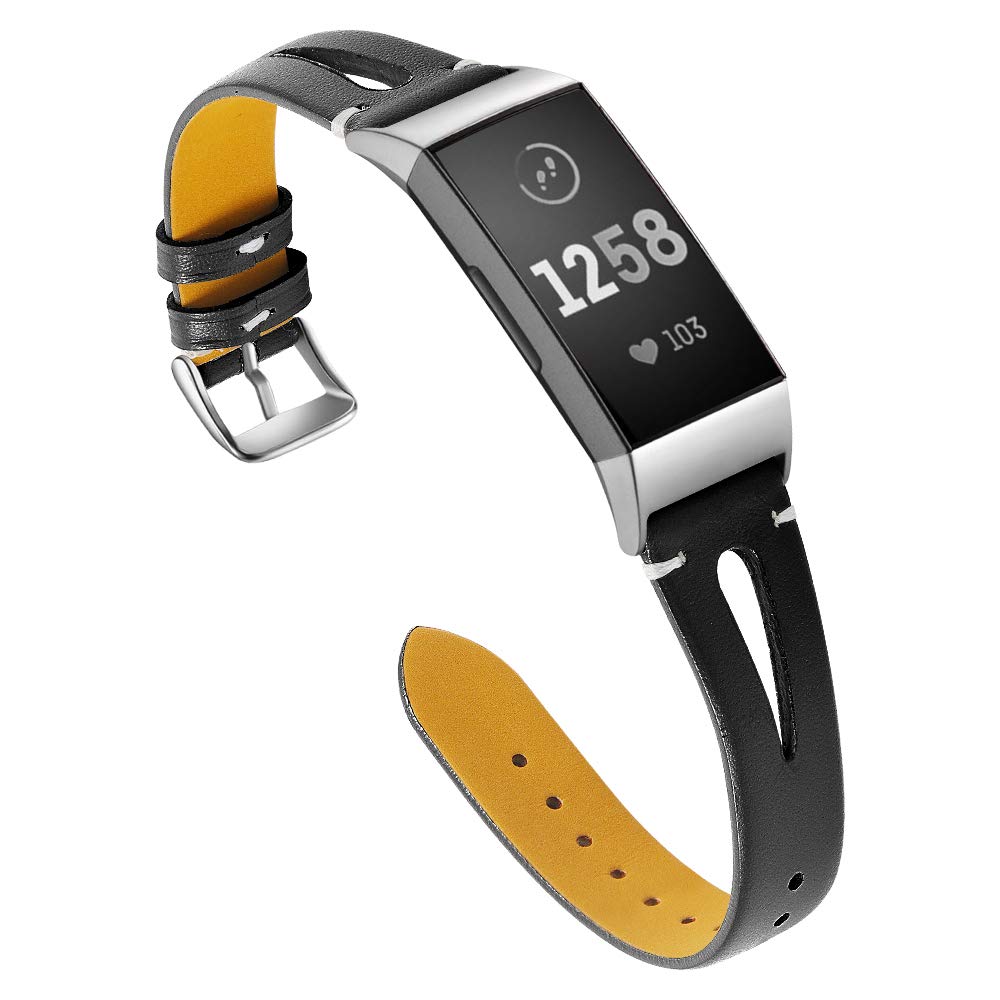 AISPORTS Compatible for Fitbit Charge 4/Charge 3 Strap Leather for Women, Soft Slim Hollow Breathable Leather Sport Wristband Metal Buckle Bracelet Replacement Band for Fitbit Charge 4/3