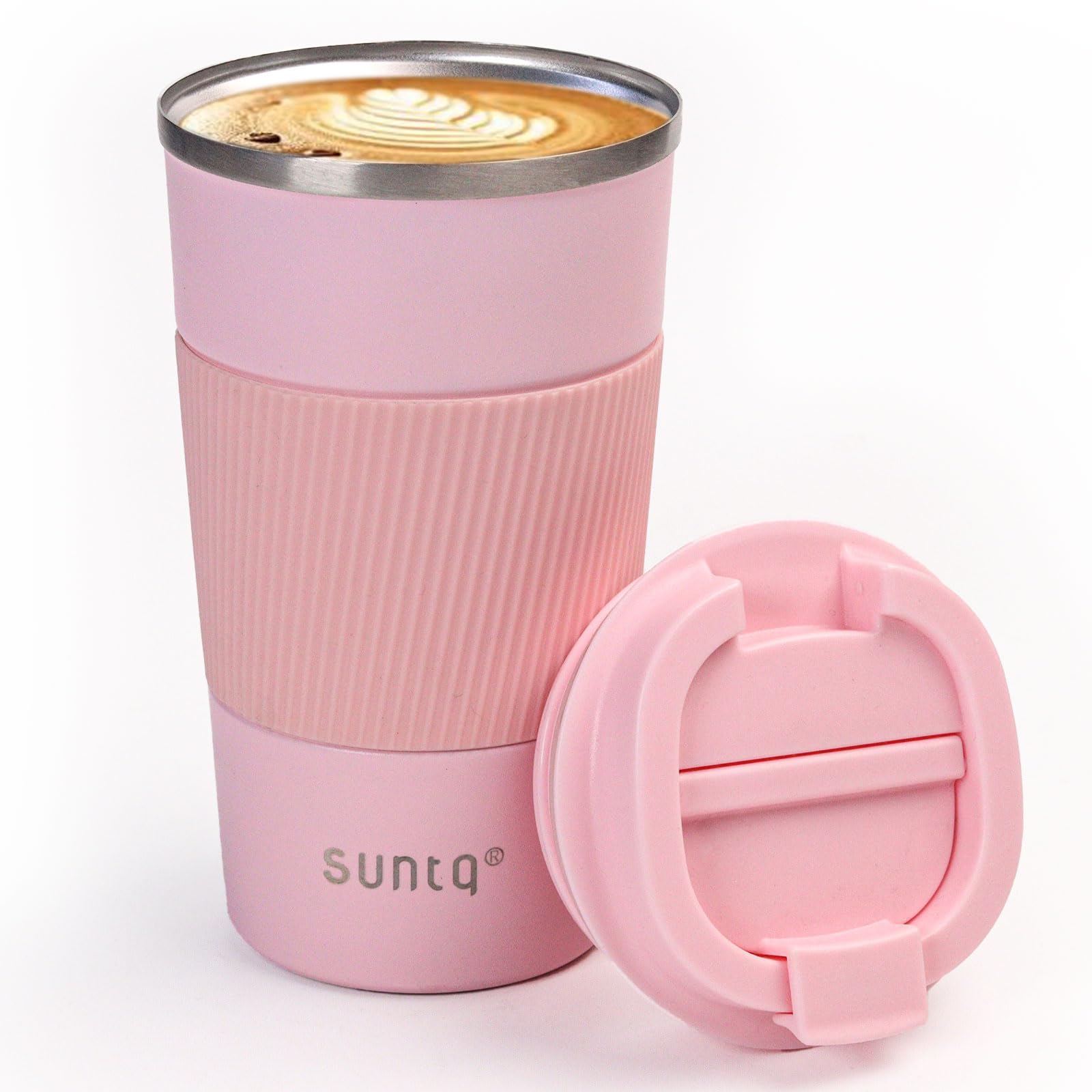 SUNTQ Reusable Coffee Cups Travel 510ml Coffee Travel Mug with Leakproof Lid - Thermal Mug Insulated Cup - Stainless Steel Travel Cup with Rubber Grip for Hot and Cold Drinks Pink