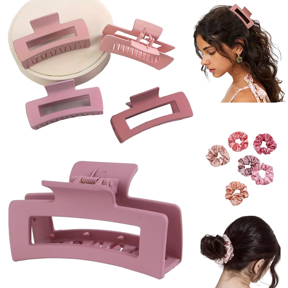 HK Online 4 BLUSH Claw Clips & 2 Satin Scrunchies - Hair Ties, Ponytail Bobbles, Hair Bands, Large Claw Clips (4 BLUSH Claws & 2 Scrunchies)
