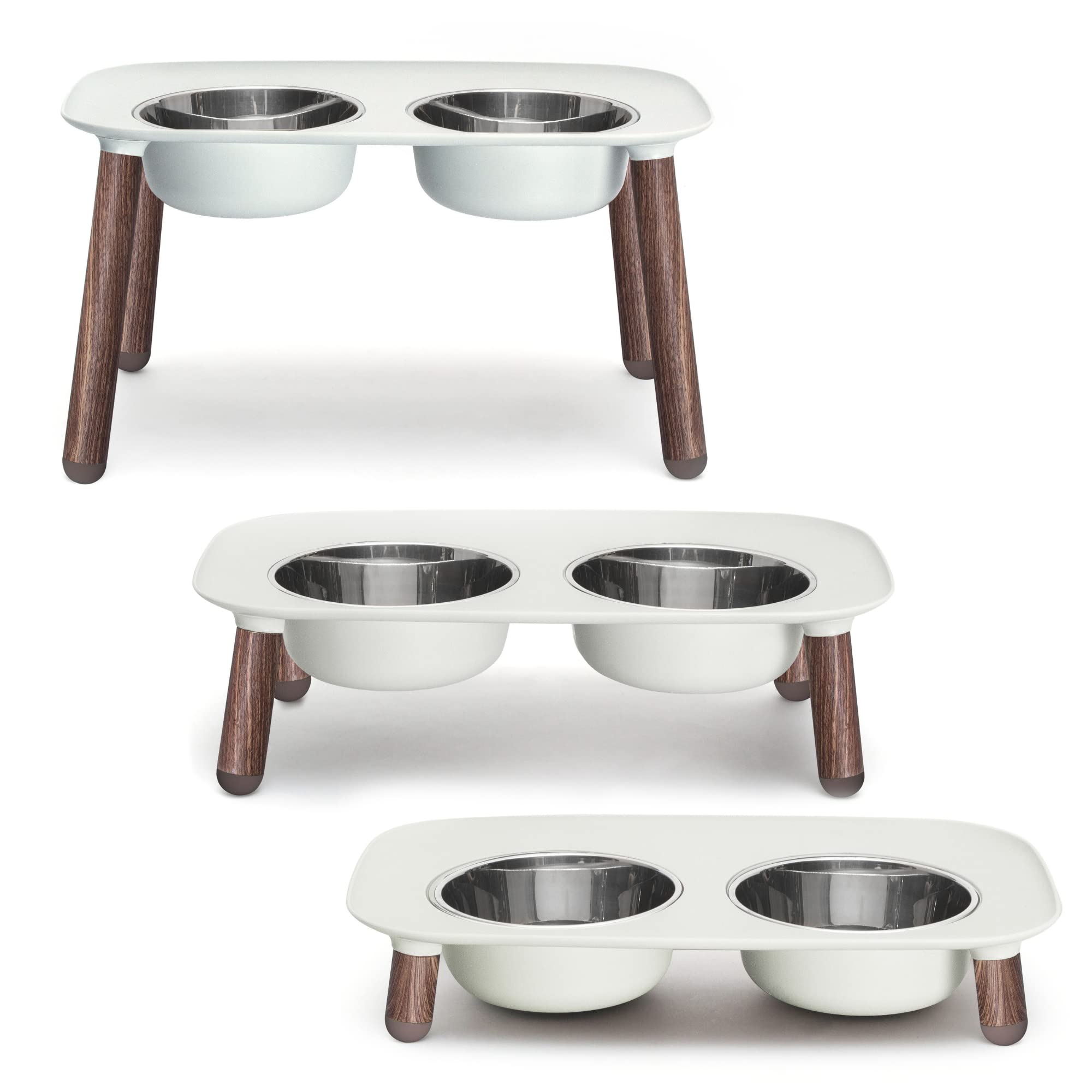 Photo 1 of Messy Mutts Elevated Double Feeder with Stainless Bowls | Adjustable Height 3”, 5”, or 10” | Adjustable Standing Feeder for Dogs | 5 Cups per Bowl | Light Grey with Faux Wood Legs
