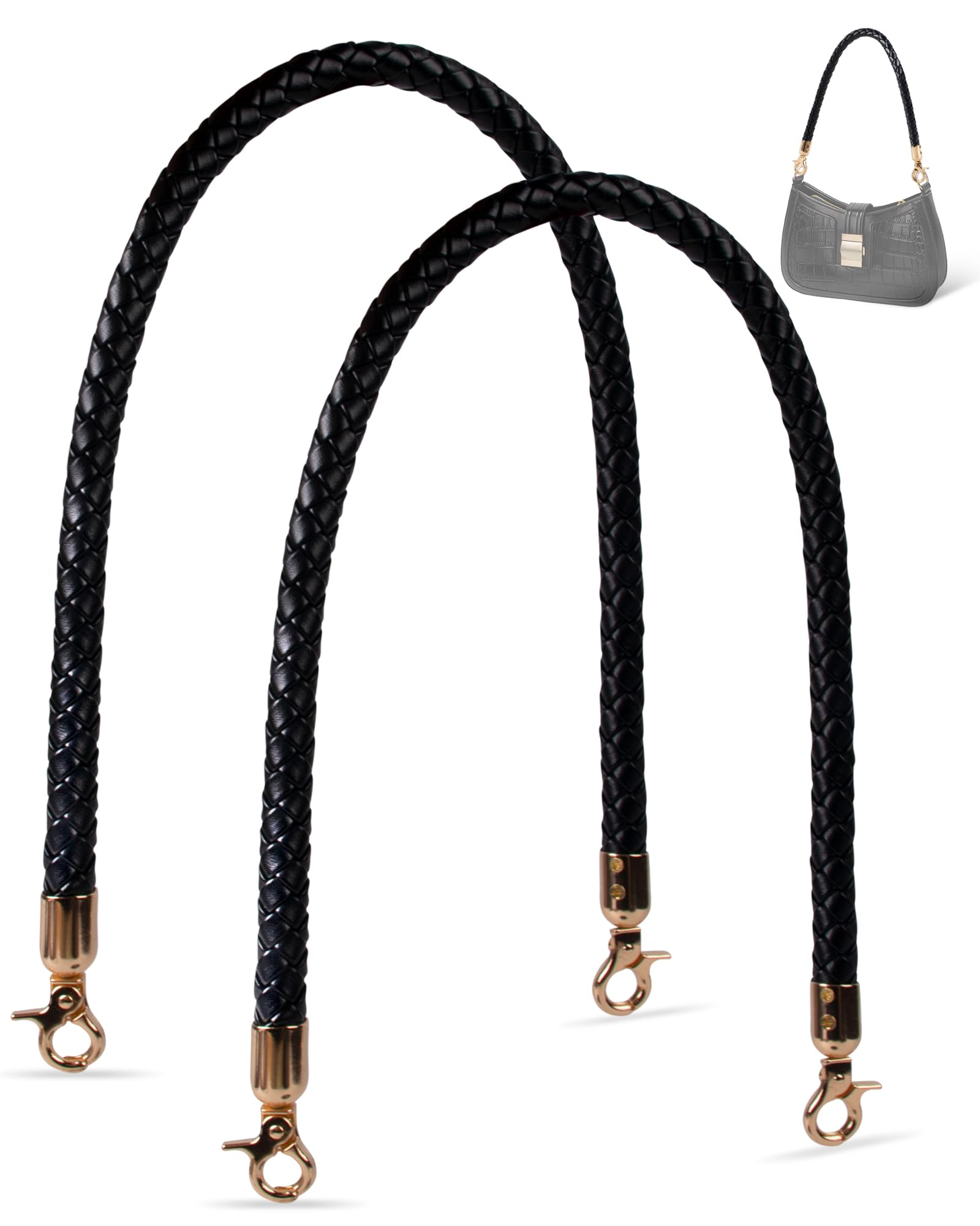 MEGAVOW 2 pcs Replacement Bag Straps with Braided Handle, PU Leather Handbag Straps Purse Shoulder Strap with Metal Hook, DIY Handbag Accessories for Bag Making, Black,60cm
