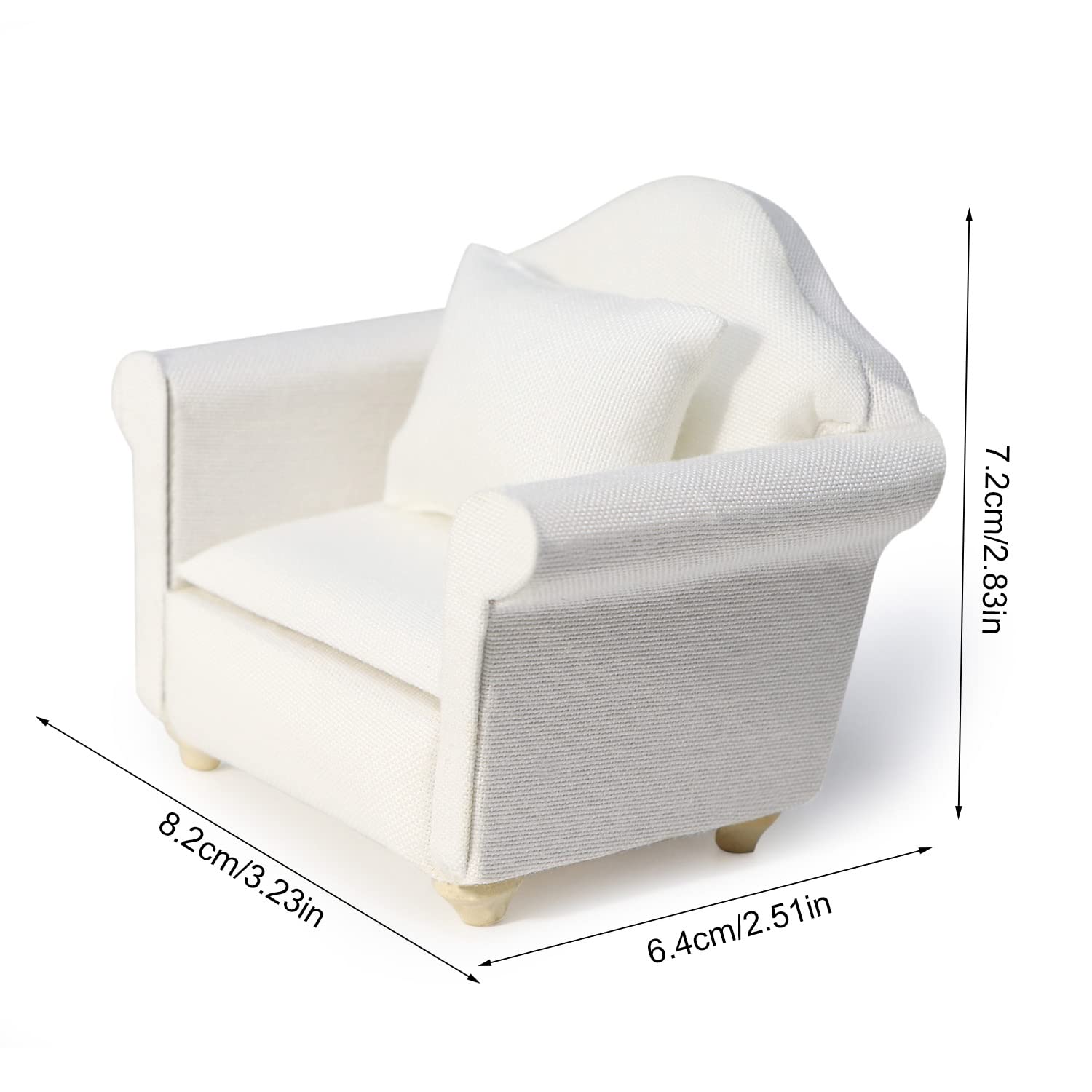 Dollhouse Couch with Pillow 1 12 Scale Miniature Sofa Arm Chair Living Room Furniture Wooden Fabric Frame Single Reading Chair Artificial House Room Scene Decoration (White)