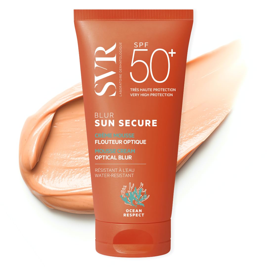 SVR SUN SECURE BLUR SPF50+ Sun Cream - Perfecting Soft-Focus Face Sunscreen SPF 50, Peachy, Velvet Finish Mousse-Primer, Non-Greasy, Water-Resistant, Reef-Safe, 50ml (Fragrance - free Cream)