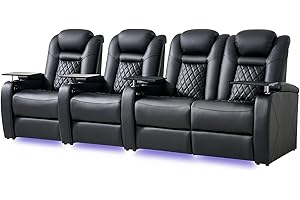 SOOTHROOM Home Theater Seating, Classic Series Leather Movie Theater Chairs, Power Headrest and Memory with C-Type USB Charger, 7Color Ambient Lighting and Tray Table, Black Power Adjustable Recliner(Row of 4R)