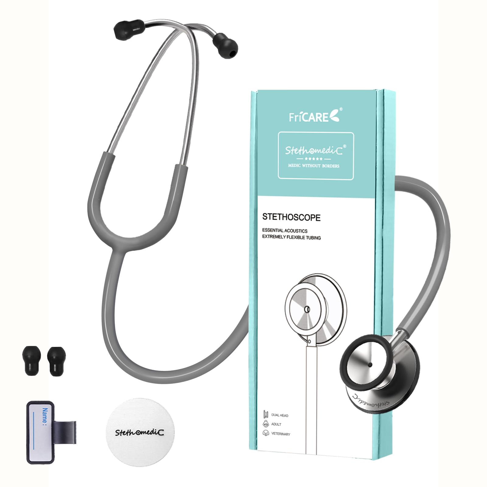 Photo 1 of FriCARE Dual Head Stethoscope - Stethoscopes for Nurses, Medical Nursing Students, Paramedics/EMT/LVN/VNA Backup - FSA/HSA Eligible Estetoscopio, Haze Grey Tube, Stainless Steel Chestpiece