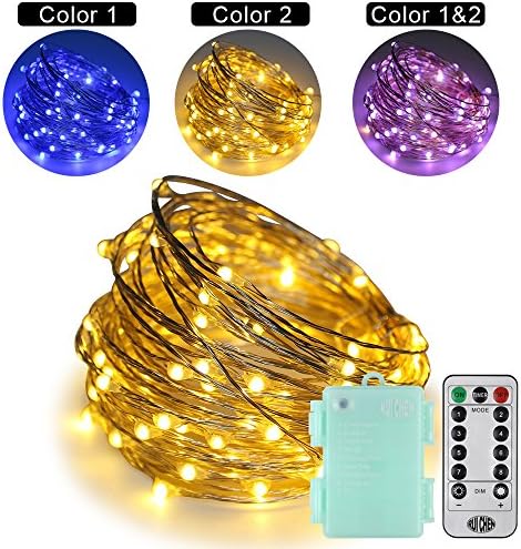 RUICHEN String Lights Battery Powered 33Ft 100 LED Color Changing Decorative Fairy Lights 8 Modes Dimmable Waterproof Chirstmas Silver Wire Light with Remote for Outdoor Garden(Blue&Warm White)