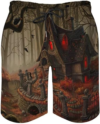 MayBlosom Pantalones cortos de playa para hombre, casa encantada en el