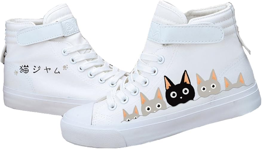 Amazon Hr株式会社 ハイカットスニーカー レディース 手描きシューズ 猫柄 ネコ キャンバス 可愛い 履きやすい マジック 24 5センチ Hr株式会社 スニーカー