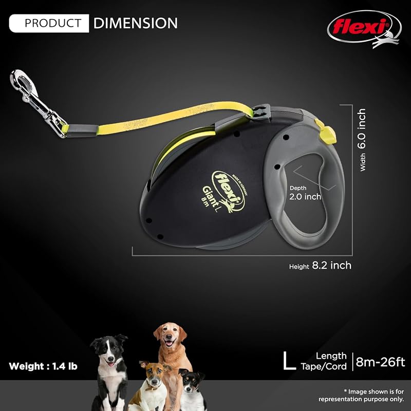 USA - Correa retráctil Gigante de neón para Perro (Cinta), ergonómica, Duradera y sin enredos, para Perros de hasta 50 kg, 7 Metros, Grande, Color Negro