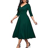Nmoder Women's Casual Wrap Flared Midi Dress Wedding Guest Cocktail Tea Dresses A-Line Swing V-Neck 3/4 Sleeve