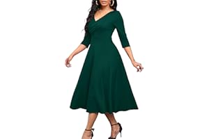 Nmoder Women's Casual Wrap Flared Midi Dress Wedding Guest Cocktail Tea Dresses A-Line Swing V-Neck 3/4 Sleeve