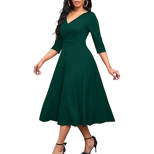 knee length dresses for ladies London Times 3/4 Sleeve Seamed Side Tab Fit & Flare Midi Dress