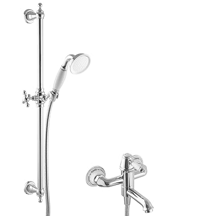 PaulGurkes Nostalgie Duschset für Badewannen Einhandmischer Retro Landhausstil Antik Duschsystem für Badewanne mit Duschstang