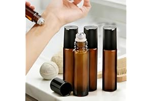 Roller Bottles for Essential Oil, 4 Pack 10 ml Refillable Leak-proof Empty Roller Applicator with Black Caps-Amber Glass Roll