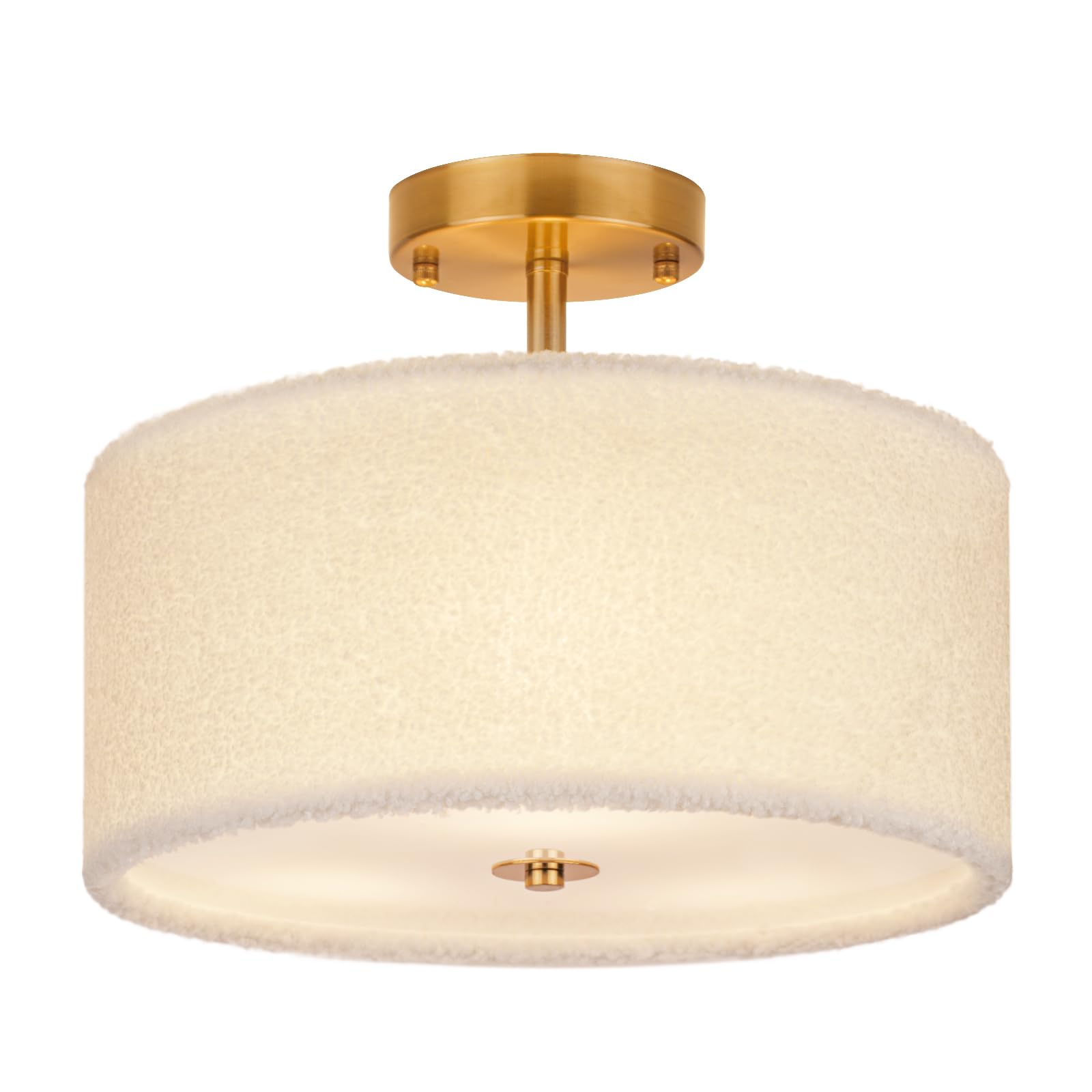 Photo 1 of HILUXIA Modern Semi Flush Mount Ceiling Light Fixture, 13-Inch Drum Lamp with White Soft Shearling Fabric Shade, 3-Light E26 Socket for Bedroom, Dining Room, Living Room, Kitchen, Hallway