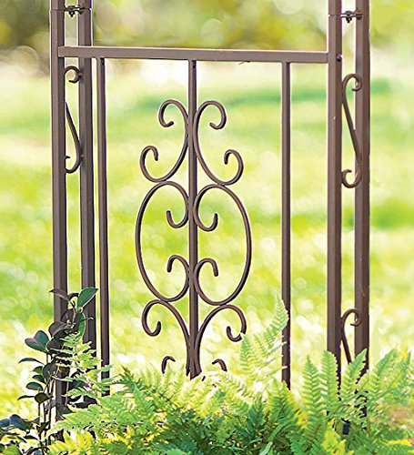 Montebello-Decorative-Garden-Arbor-Trellis-Scroll-Design-Tubular-Iron-Structure-with-7-Inch-Ground-Stakes-53-W-x-23-D-x-84-H-Burnished-Bronze-Finish