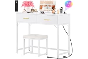 Cyclysio Vanity Desk with Charging Station, White Makeup Vanity with Lighted Mirror, Tri-Fold, Small Vanity Set with Drawers and 3 Outlets & 2 USB, 36'' Vanitys with Stool, Dressing Table, White